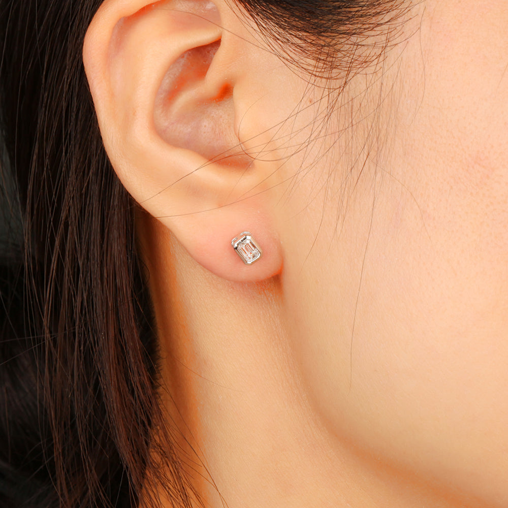 Bezel-Set Emerald Shape Diamond Stud Earrings - Kindspark