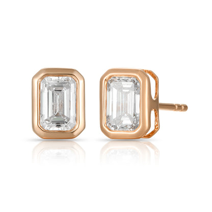 Bezel-Set Emerald Shape Diamond Stud Earrings - Kindspark
