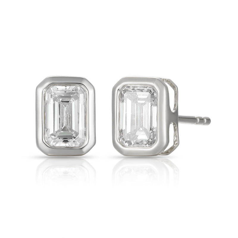 Bezel-Set Emerald Shape Diamond Stud Earrings - Kindspark